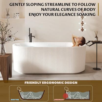 59" Acrylic Freestanding Bathtub, White Soaking Tub with Non-Slip Base, cUPC Certified Free Standing Tub, Chrome Drain Bath Tub, Modern Tub for Bathroom