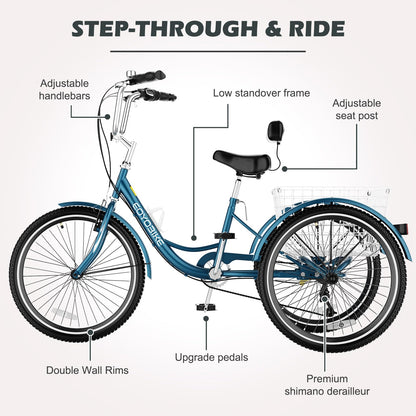 H&ZT Adult Tricycle, 3 Wheeled Bike, Trike Cruiser Bike, with 7-Speed Gear, Parking Brake Handle, Low Step, Large Rear Basket, Elderly Friendly, for Men, Women, and Teens