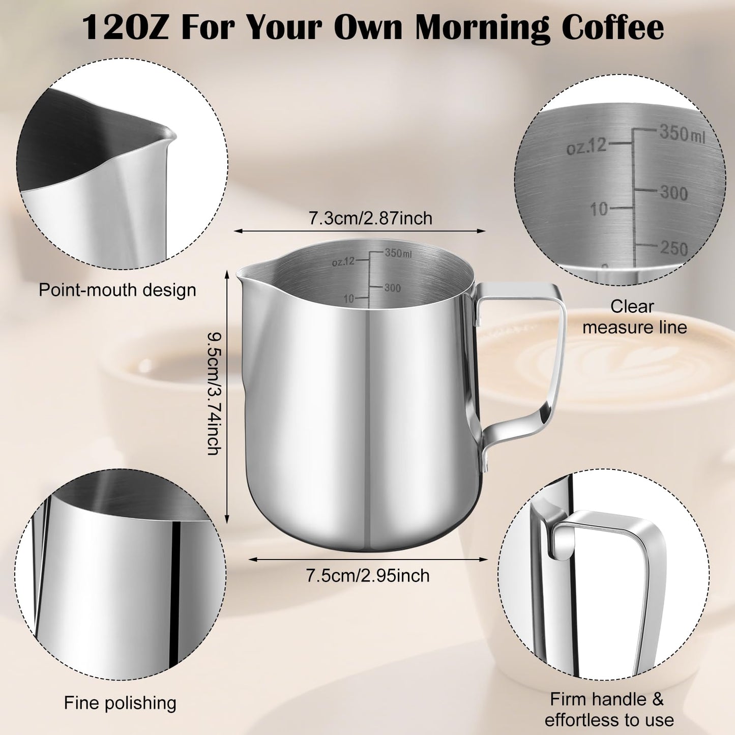 Honeydak 2 Pcs Milk Frothing Pitcher 304 Stainless Steel Steaming Pitchers for Coffee Bar Cappuccino Barista Tools Milk Jug Steamer Frother Cup (12 oz)