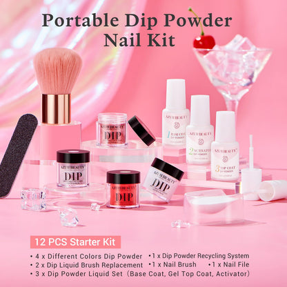 AZUREBEAUTY Dip Powder Nail Kit Starter, All Season Skin Tone Nude Brown 4 Colors Acrylic Dip Powder Liquid Set with Base/Top Coat Activator for French Nail Art Manicure DIY Salon Gifts