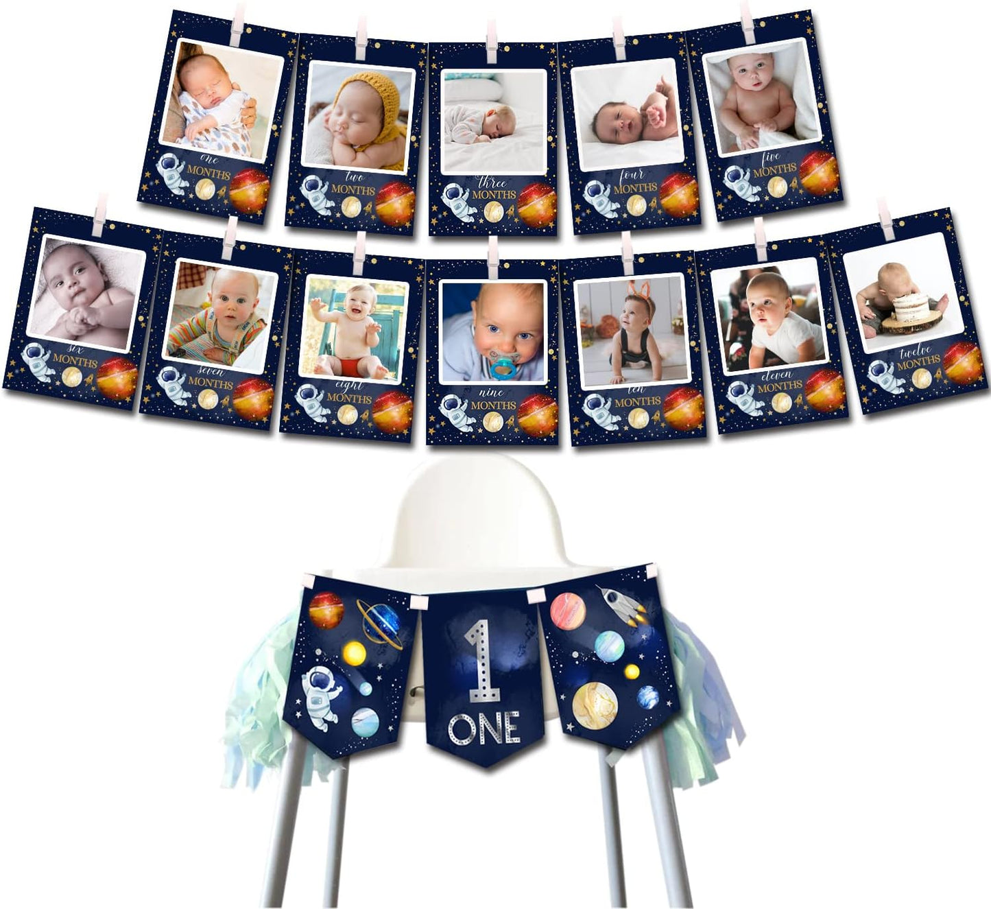 OZCZKZZ Space Photo Banner+Space High Chair Banner,First Birthday Decorations Picture Banner,Astros Birthday Party