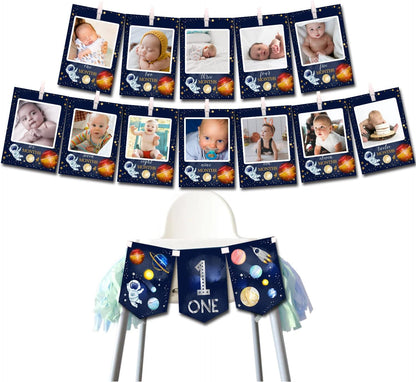 OZCZKZZ Space Photo Banner+Space High Chair Banner,First Birthday Decorations Picture Banner,Astros Birthday Party