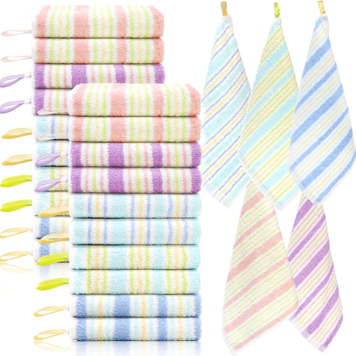 20 Pack 10x10 Inch 5 Pumtus Small Face Wash Cloths, Cotton Soft Hand Towel, Comfortable Striped Fingertip Towel