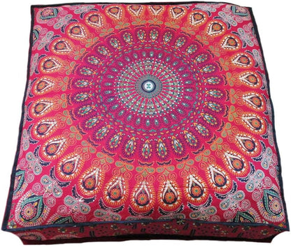 24" 24" INDIAN CRAFT CASTLE Red Peacock Mandala Barmeri Large Floor Pillow Cover Cushion Meditation Seating Ottoman