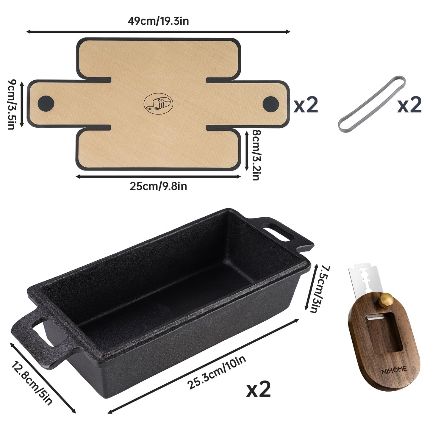 NiHome Cast Iron Bread Pan Set with Lid, 2 Loaf Pans + 2 Silicone Mats + Bread Lame, Heavy-Duty Cast Iron for Even Heat & Crisp Crust, Dual-Pan Design for Covered or Open Baking, Dishwasher-Safe Mats