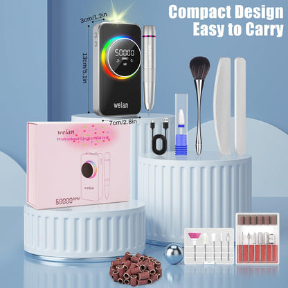 Electric Nail Drill Professional, 50000RPM Electric Nail File Portable Nail Drill Kit 6000mAh Rechargeable Machine for Acrylic Gel Nail, Manicure Pedicure Polishing Nail for Salon Home Purple