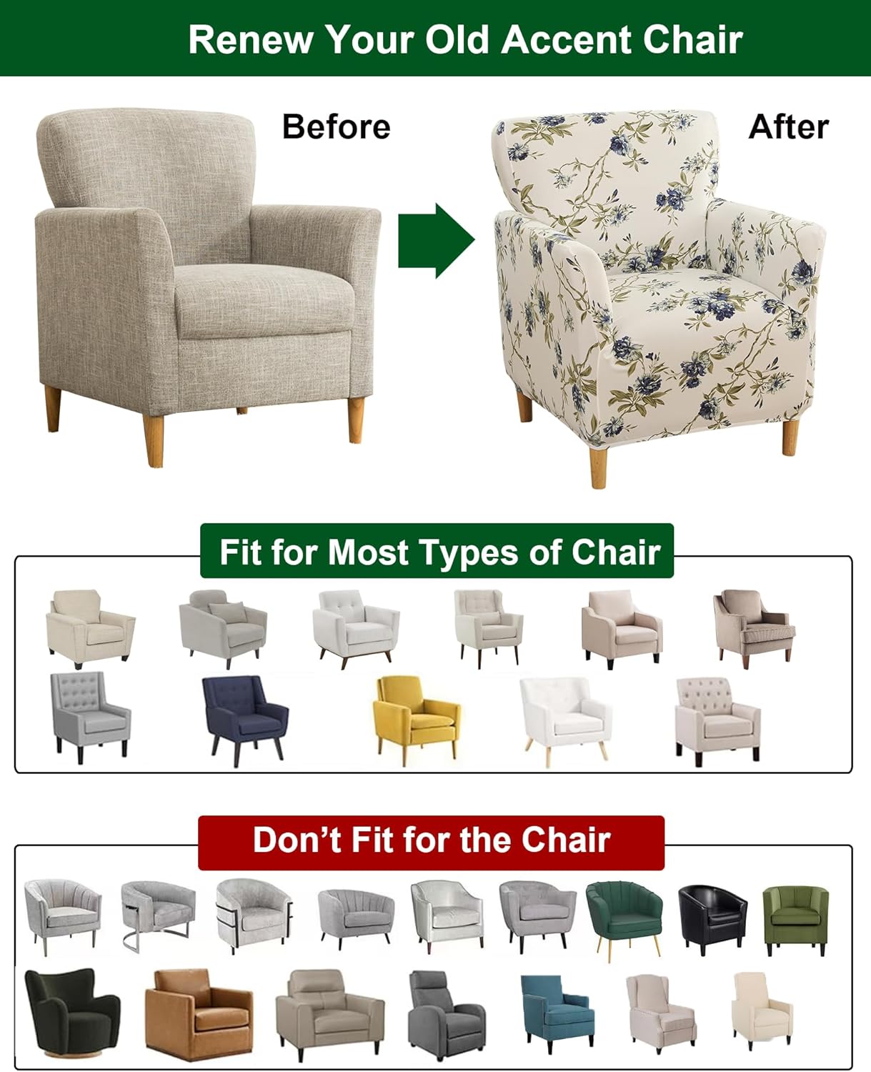 1 Sofa,A43 CRFATOP Printed Stretch Chair Slipcovers with Arms for Living Room Piece Accent Chair Covers Soft Banquet