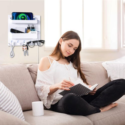 Bedside Shelf Wall Mount, Adhesive Bedside Shelf Accessories Organizer with Hooks and Cable Clips,Dorm Bedside Wall Storage for Phone, Remote, Earphone, Kindle,Plastic (5 Hooks Style)
