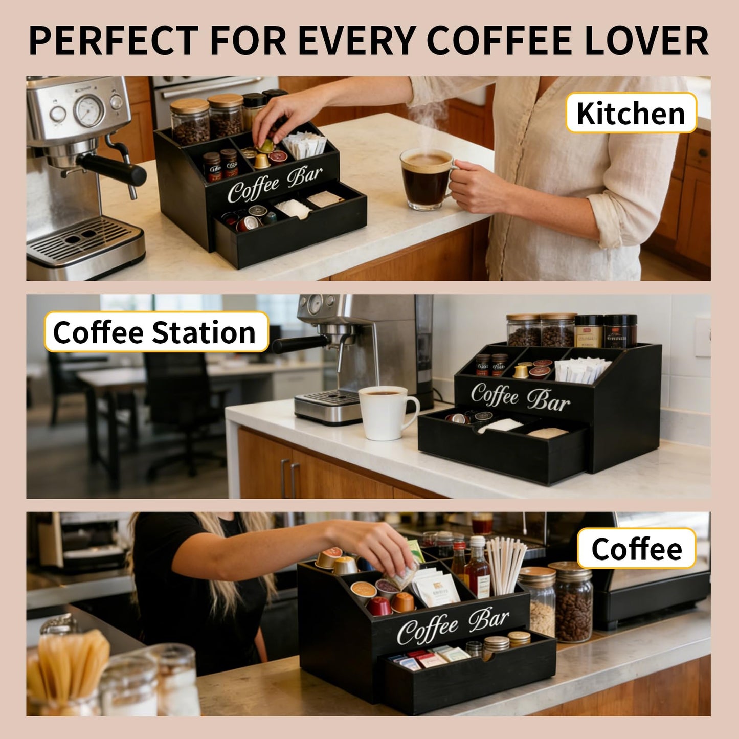 Eastsign Coffee Bar Organizer for Countertop, 2-Tier Wooden Coffee Station Accessories Holder with Dust-Proof Drawer, 5 Storage Compartments for Syrups, Pods, Tea Bags and Cups, Black