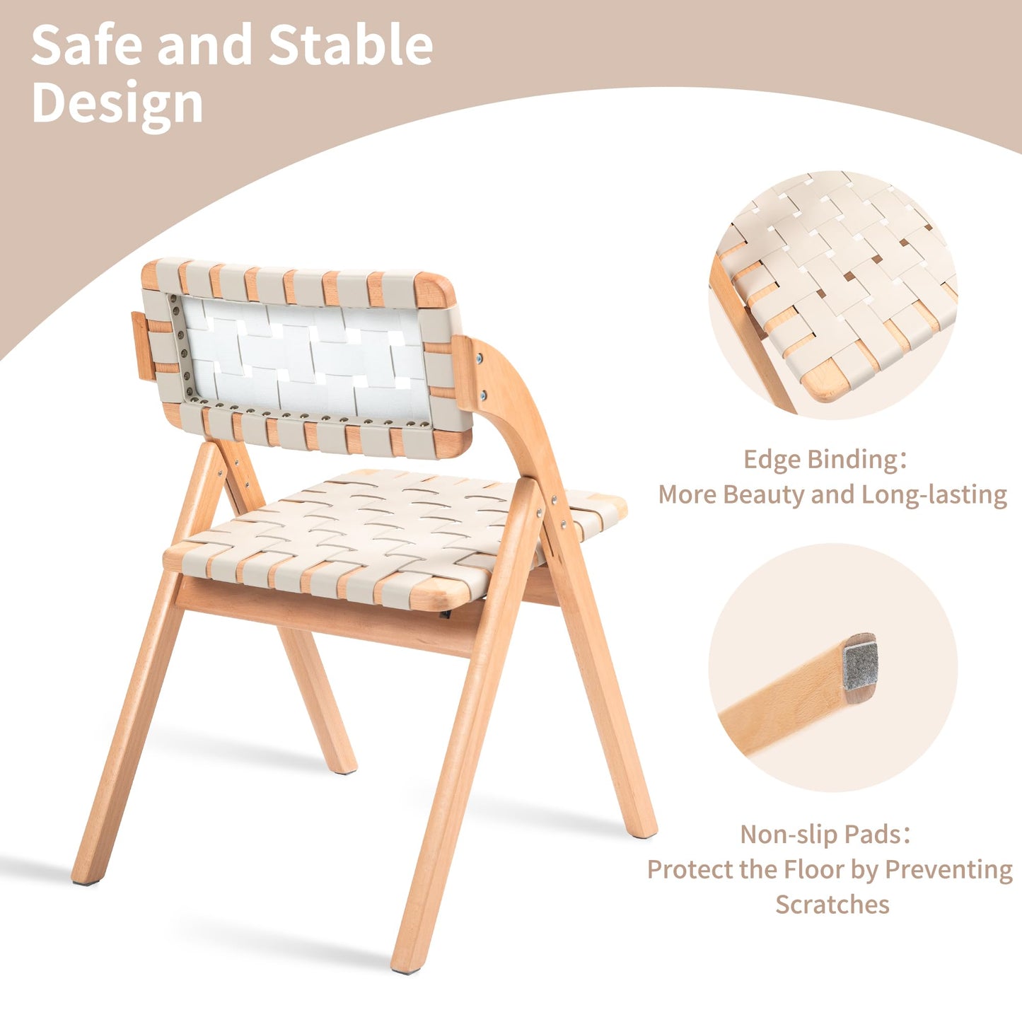 HOMEFUN Folding Dining Chairs Set of 2, Wooden Foldable Chair with Leather-Woven Backrest and Widened Seat Extra for Guests Kitchen Office Wedding Picnic Ivory-White
