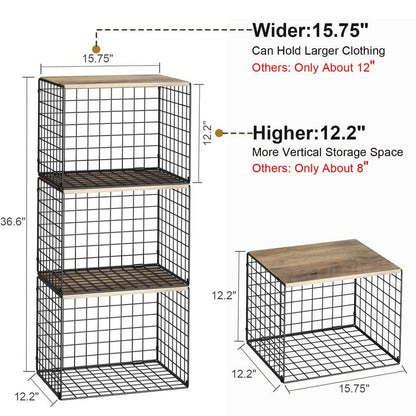 Widened & Heightened Closet Organizers And Storage Shelves With Top Board, Set of 3 Stackable Closet Shelf Organizer Storage Bin Basket For Clothes Sweaters,Space-saving, Sturdy,Wider Higher Size