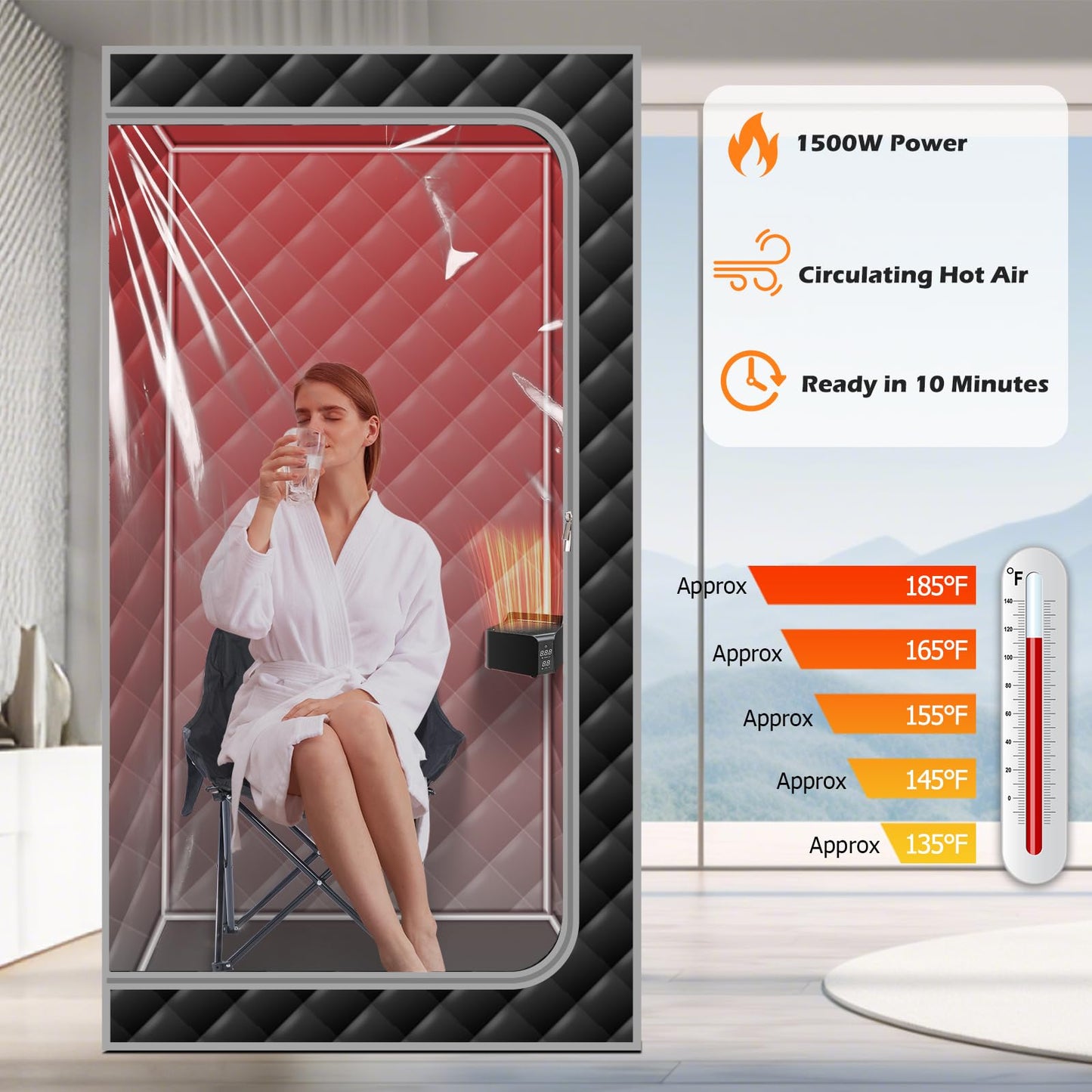 ZONEMEL 1 Person Portable Dry Heat Sauna, 1500W & 147°F Hot Air Sauna with 660nm Red Light Therapy, Electric Dry Heater, Transparent Window, Foldable Chair (L33.9 x W33.9 x H70.9,120V)