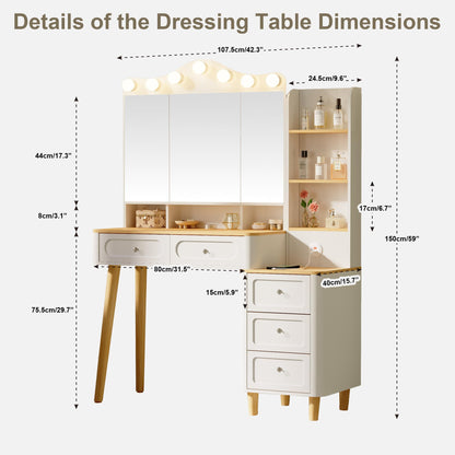 Acosure Makeup Vanity with Mirror & Power Outlet,3 Dimmable Colors Light Small Makeup Vanity Table Set with 5 Drawers & Hidden Storage Shelves Dressing Table for Women Girls Bedroom,White