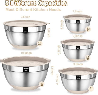 Umite Chef Mixing Bowls Set - 8PCS Stainless Steel Nesting Bowls with Airtight Lids & Grater | Non-Slip Bottoms, Khaki, 1.5QT to 5QT