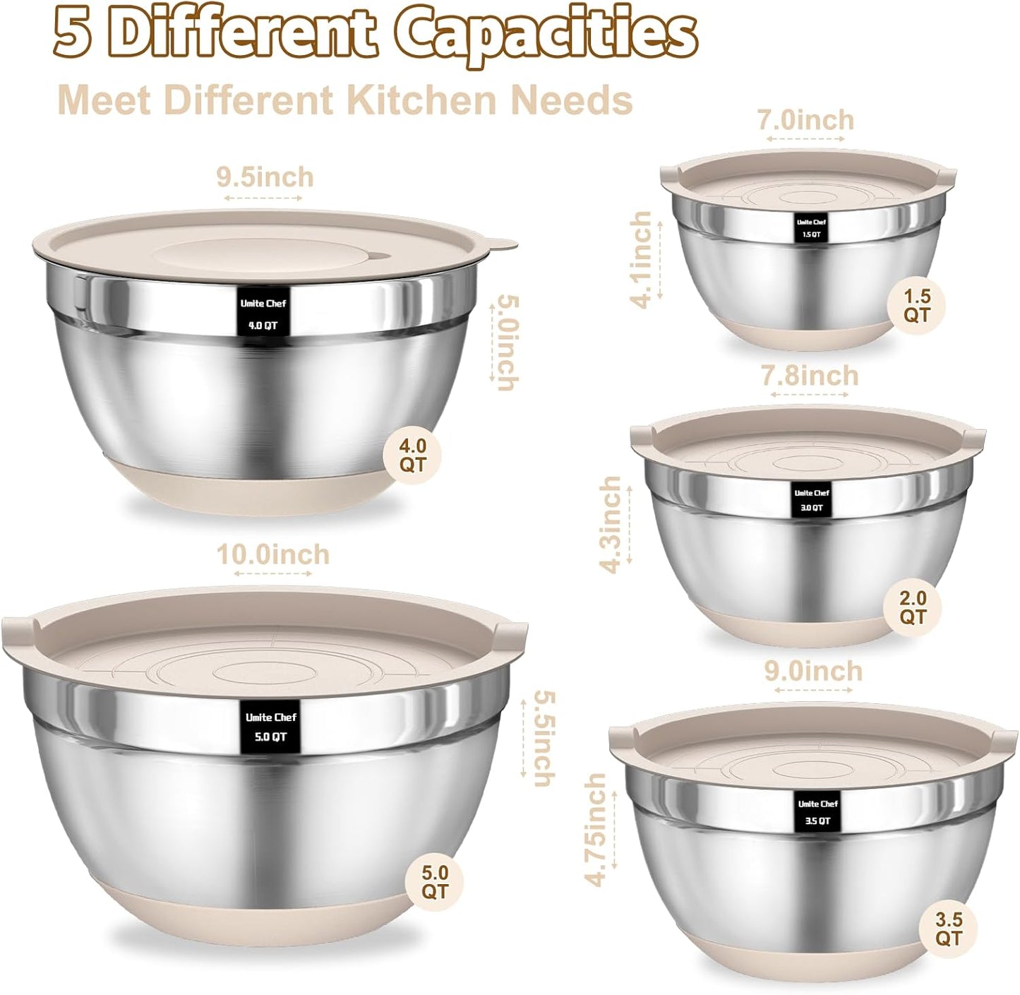 Umite Chef Mixing Bowls Set - 8PCS Stainless Steel Nesting Bowls with Airtight Lids & Grater | Non-Slip Bottoms, 1.5QT to 5QT