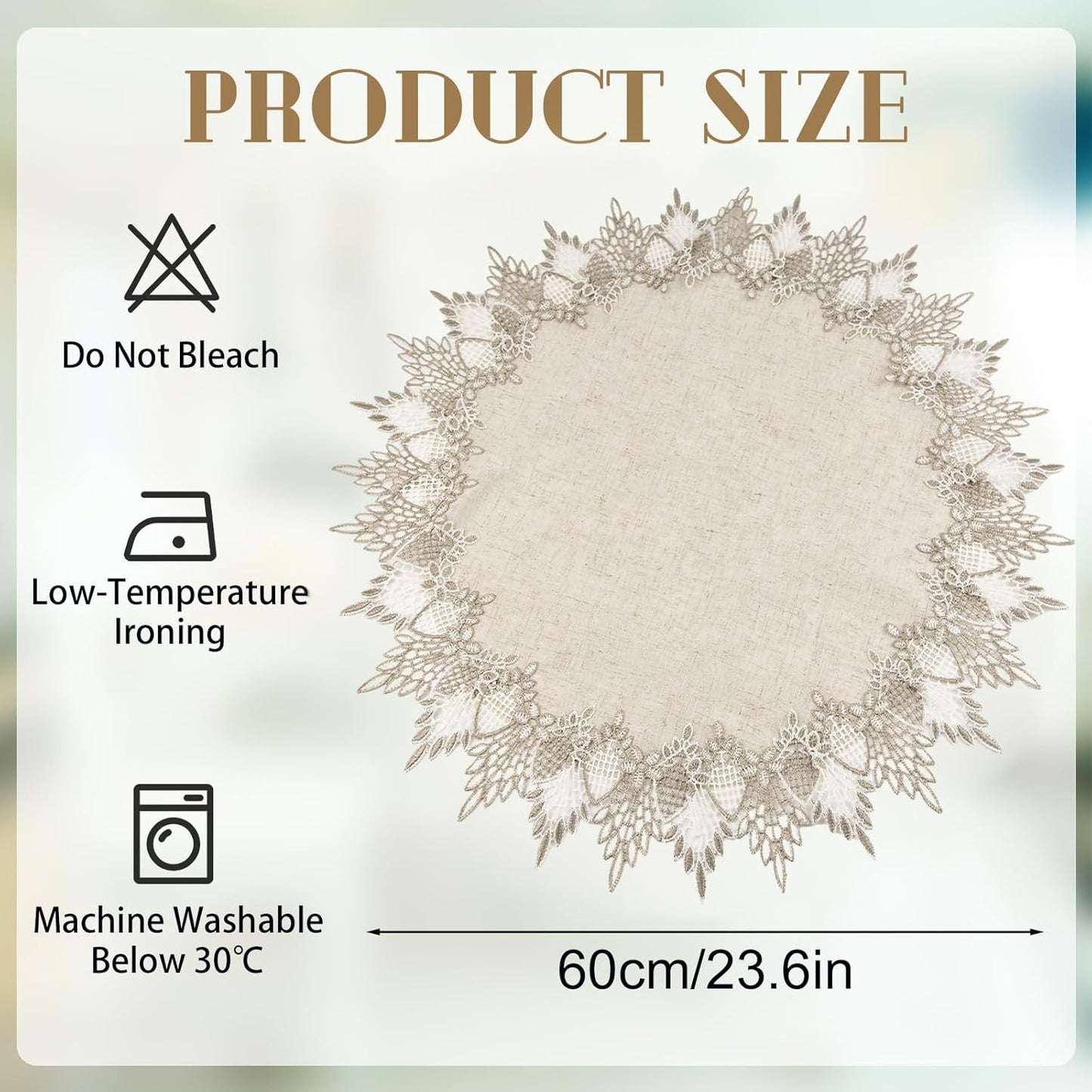 60cm*60cm Polyester Round Doily, Beige Table Cover with Lace Trim, Coffee Table Topper Table Decor Tablecloth
