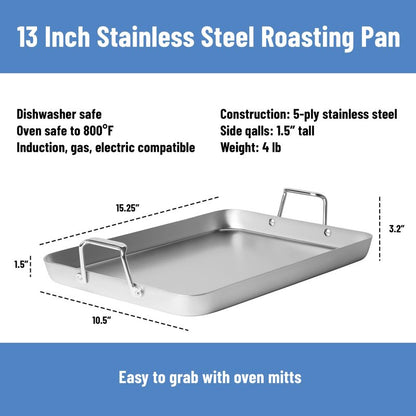 Misen Stainless Steel Roasting Pan with Handles - Versatile 5-Ply Design, Easy Grip Handles, Multi-Functional Cooking, Ideal for Baking, Searing, & Roasting, Superior Heat Conduction, Premium - 9"
