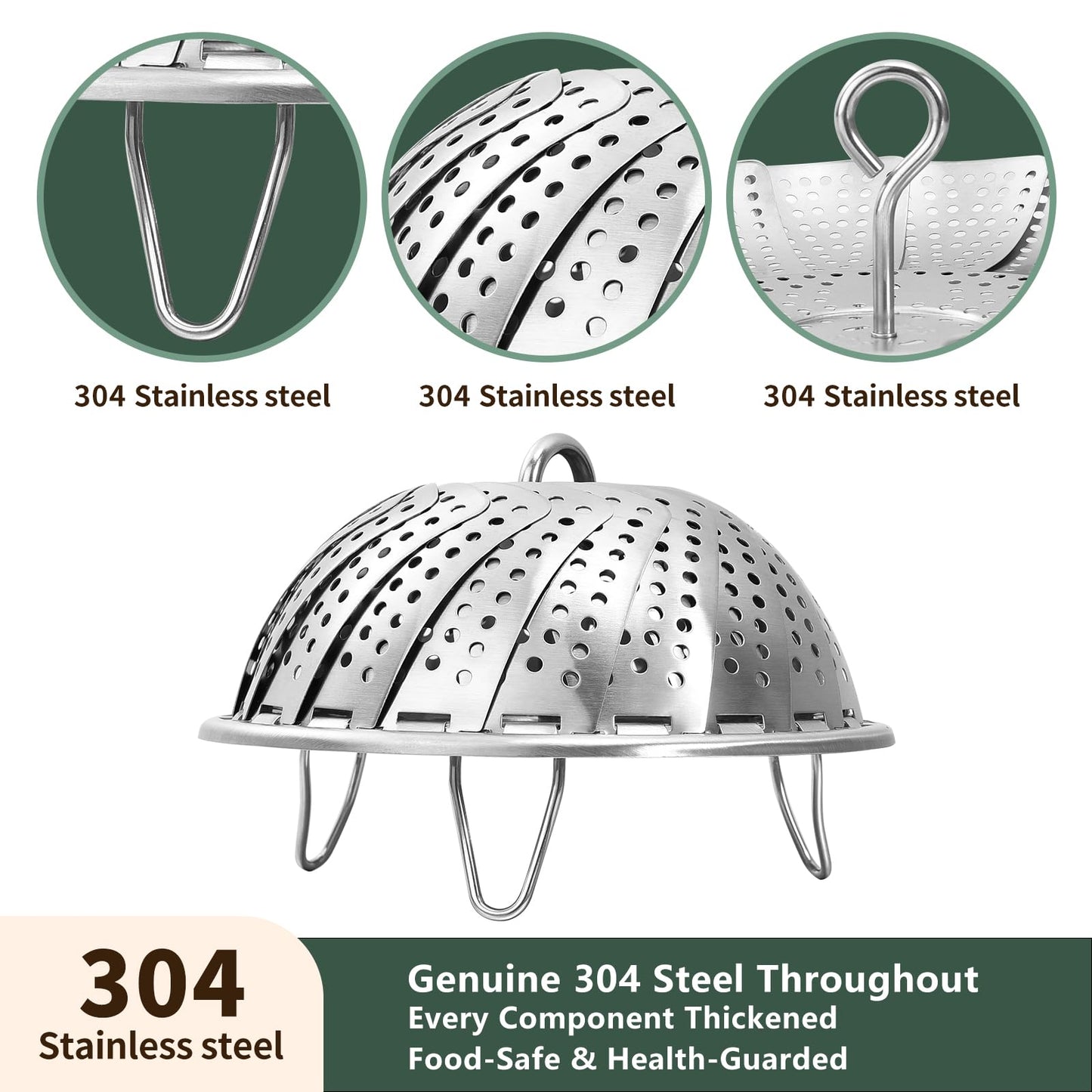 Cluren Steamer Basket for Cooking 304 Stainless Steel Entirely Thickened,Collapsible Steamer Insert for Pots, Fits Instant Pot/Skillets (6.5'' To 11‘’)
