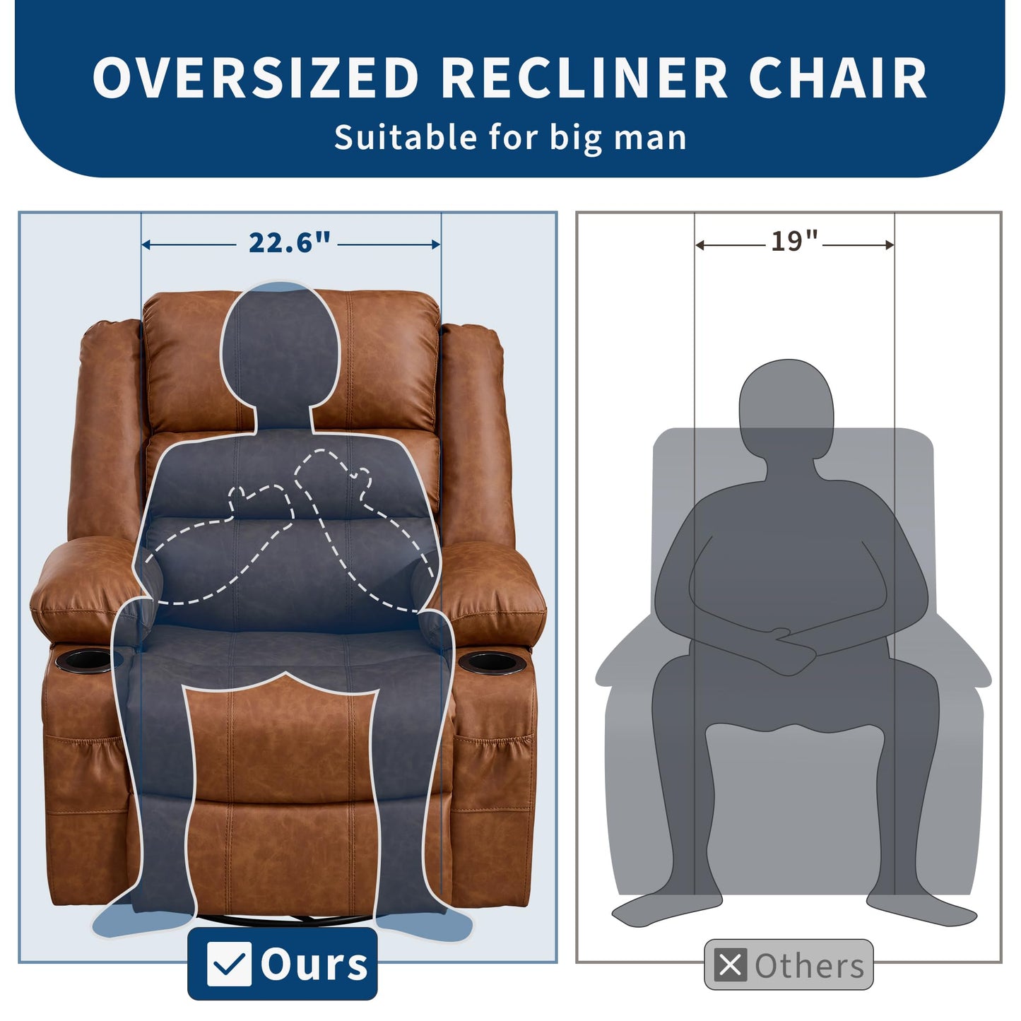 Rocker Recliner Chair for Adults Manual 360° Swivel Single Sofa Seat Glider Chair with 3 Positions 2 Side Pockets Cup Holders PU Fabric for Living Room Nursery Office