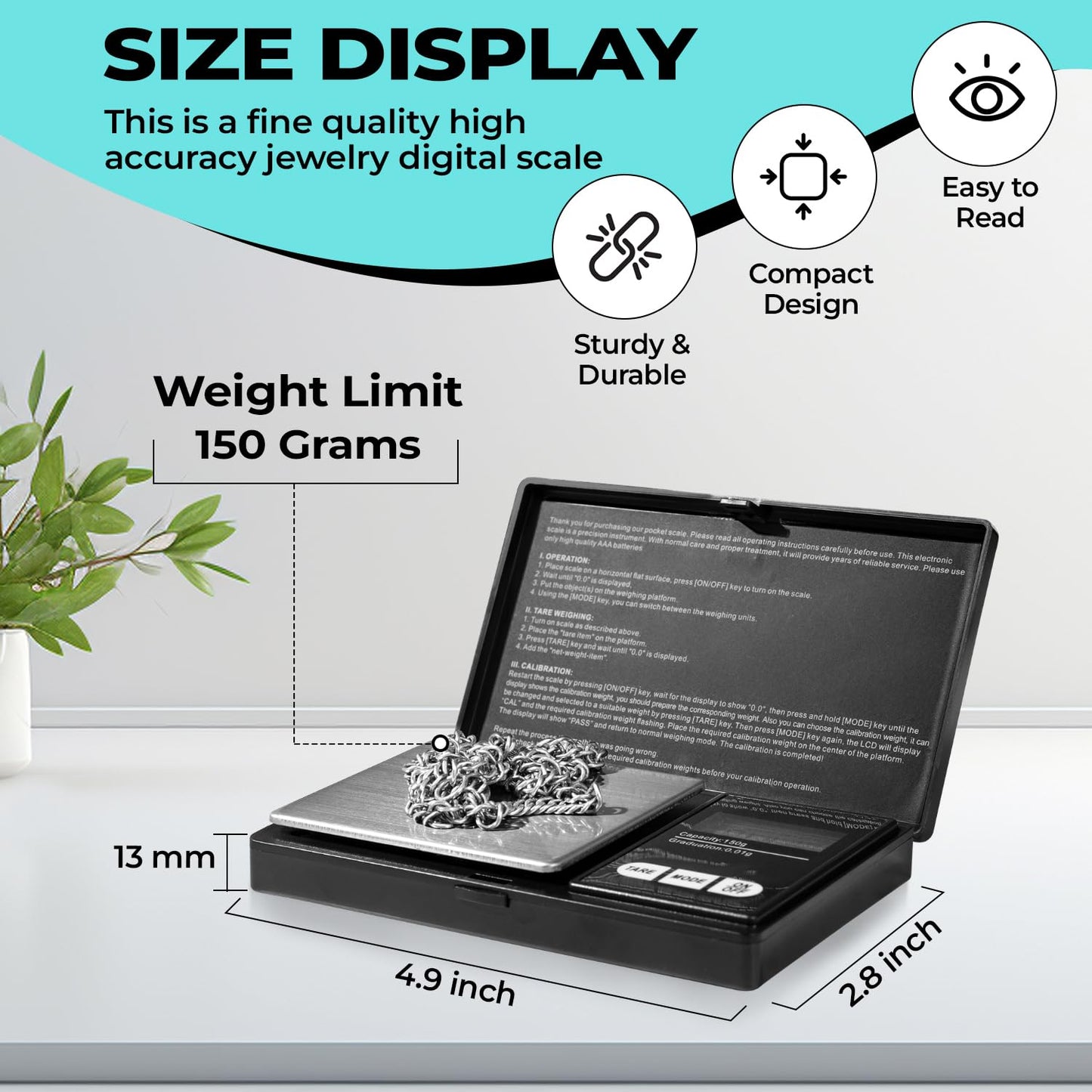 Digital Pocket Scale, 0.01gX150g, Electronic Smart Weigh Scale, Portable Mini Scale with LCD Display, Tare, Black.