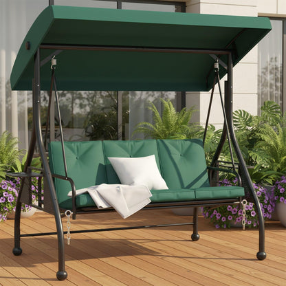 3 Person Outdoor Adult Porch Swings Bed with Stand & Adjustable Canopy, Patio Swing Daybed with Foldable Side Tray w/Thicken Cushions for Adults for Balcony Garden Deck Green