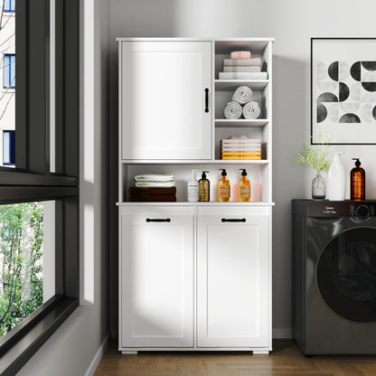 KEIKI 62.99'' H Laundry Cabinet with Doors and shelf, Tilt-Out Laundry Hamper, Multiple Storage Space, Freestanding Style, Open Shelve, Adjustable Shelf, White, (Style C)