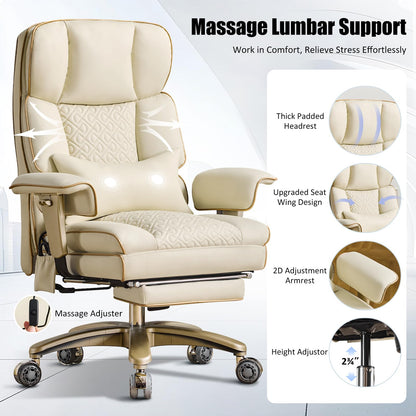Furnistyle Leather Office Chair with Footrest, High-Back Executive Office Chair with Adjustable Lumbar Support, Luxury Desk Chair with Silent Wheels Rocking 360° Swivel, Height Adjustment,Beige