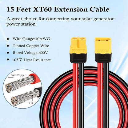 XT60 Extension Cable 10AWG 15FT, XT60 to XT60 Cable with Male to Female Connector for Portable Power