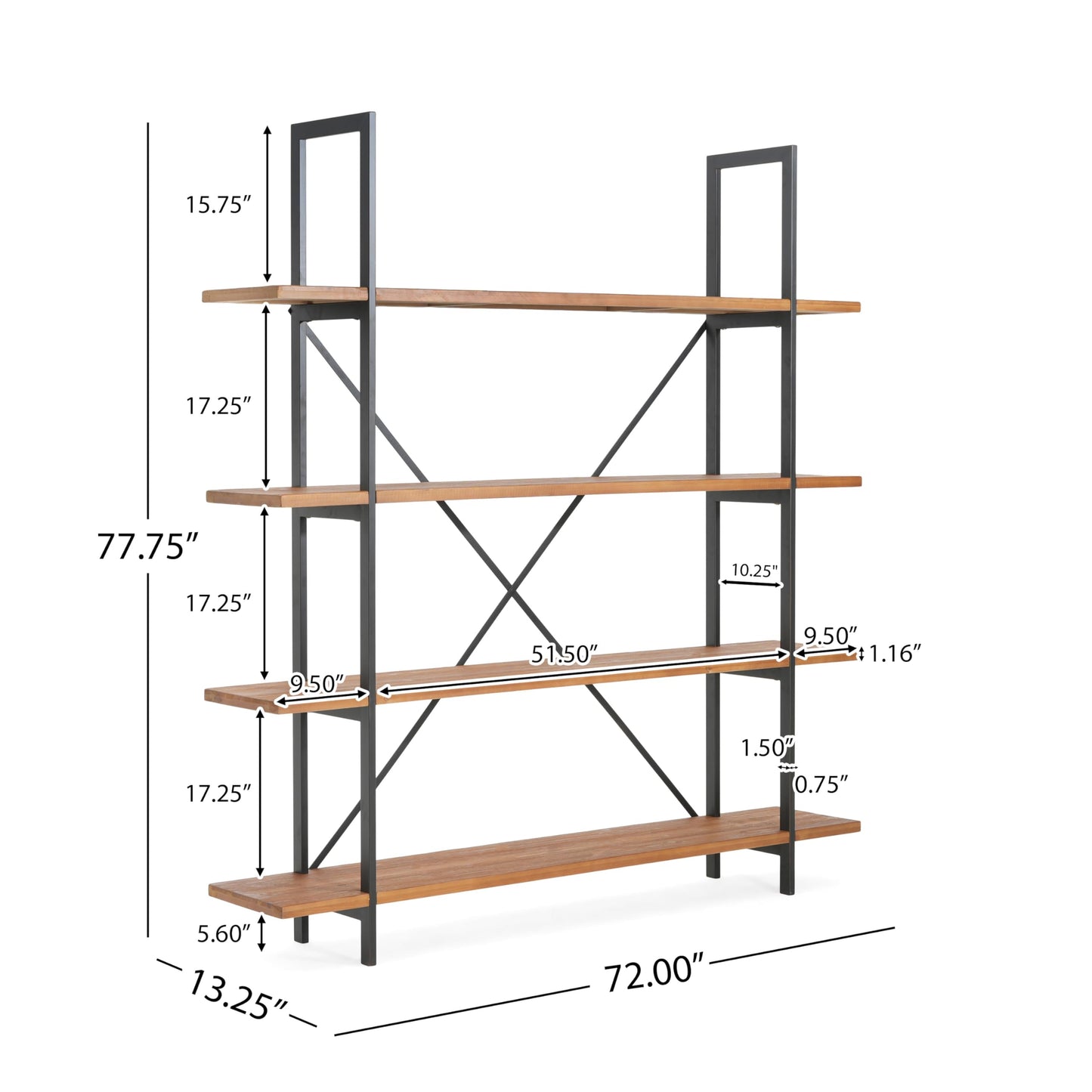 Christopher Knight Home Ebany 4 Tier Bookshelf, Industrial Large Bookcase, Open Display Shelf, Corner Shelf, Metal Frame Book Organizer, Wide Rectangular Storage for Home Living Room, Antique Black