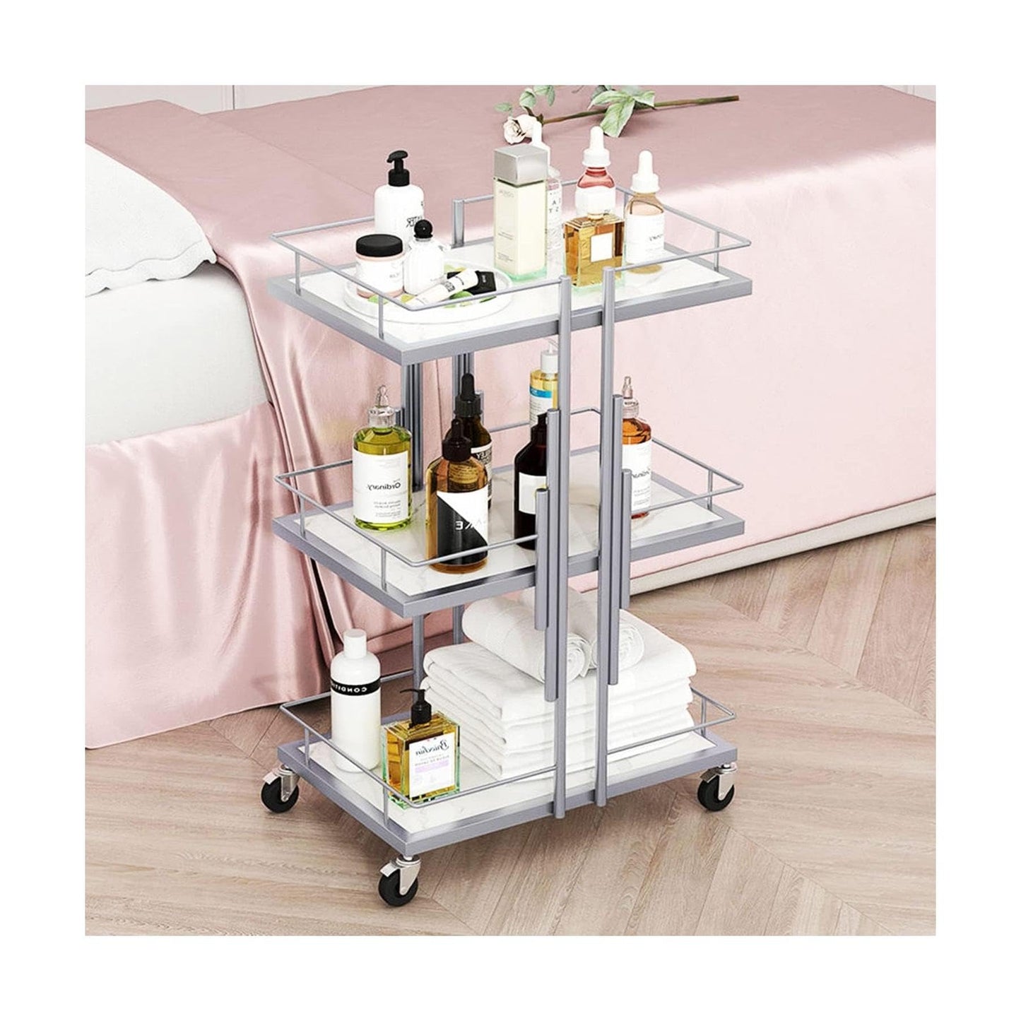 POCHY Bar Carts 3-Tier Utility Carts Metal Frame Serving Cart Imitation Marble Rolling Cart with Wheels Drink Cart Storage Cart