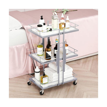 POCHY Bar Carts 3-Tier Utility Carts Metal Frame Serving Cart Imitation Marble Rolling Cart with Wheels Drink Cart Storage Cart