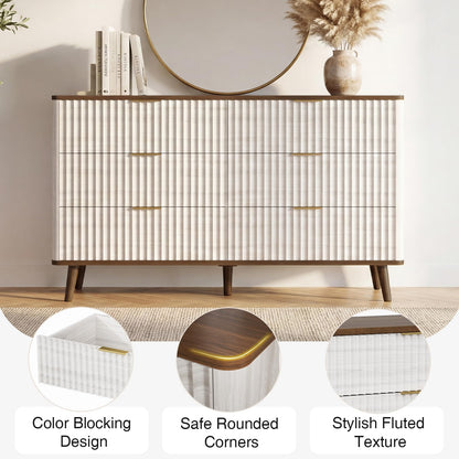 Mapleyard Fluted 6 Drawers Dresser, 47" Wide Wooden Chest of Drawers, Modern Mid Century Storage Closet Long Large Dresser for Bedroom, Living Room,Hallway, Entryway, Nursery Room, Beige + Walnut