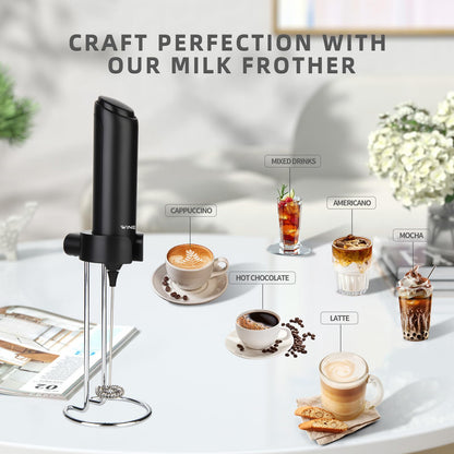WINETELL Rechargeable Electric Milk Frother Handheld, Coffee Frother with USB C Charging Stand, Powerful Frother Wand Whisk, Drink Mixer for Lattes, Hot Chocolate, Matcha, etc