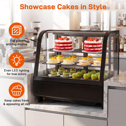 Commercial Cake Display Refrigerator, 100L Countertop Curved Glass Cooler with LED Light, Digital Thermostat, Frost-Free Pastry Showcase, Tempered Glass & Rear Sliding Doors for Bakery/Cafe/Home