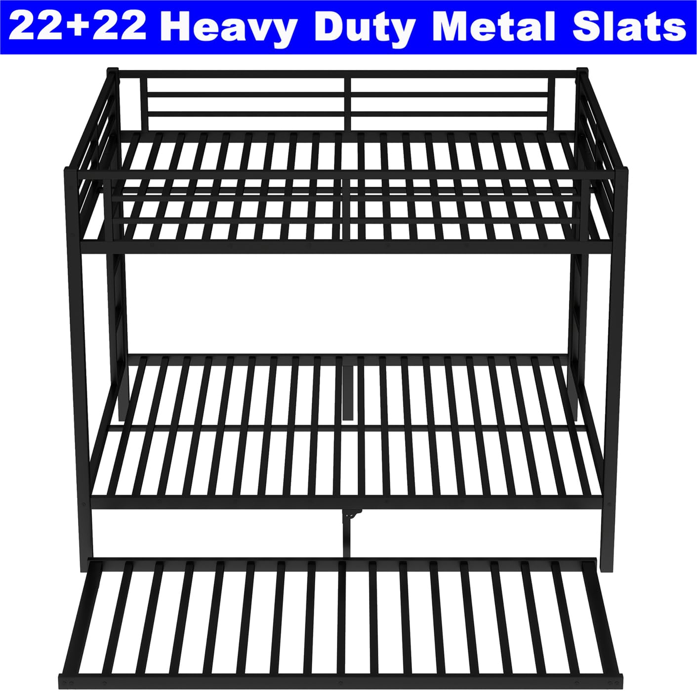 STERXONE Upgraded Version Thicken Metal Heavy Duty Queen Over Queen Bunk Bed with Twin Size Trundle, Stronger Steel Bunk Bed with Ladder for Adults, Easy Assembly (Queen Over Queen)