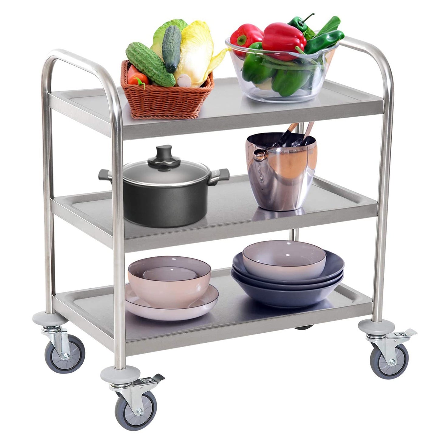 GenSDH Movable Hand Trucks 3 Tier Trolley,Large Stainless Steel Utility Cart,with Locking Wheels,Stainless Steel 3 Tier Rolling Kitchen Service Cart,Catestorage Trolle