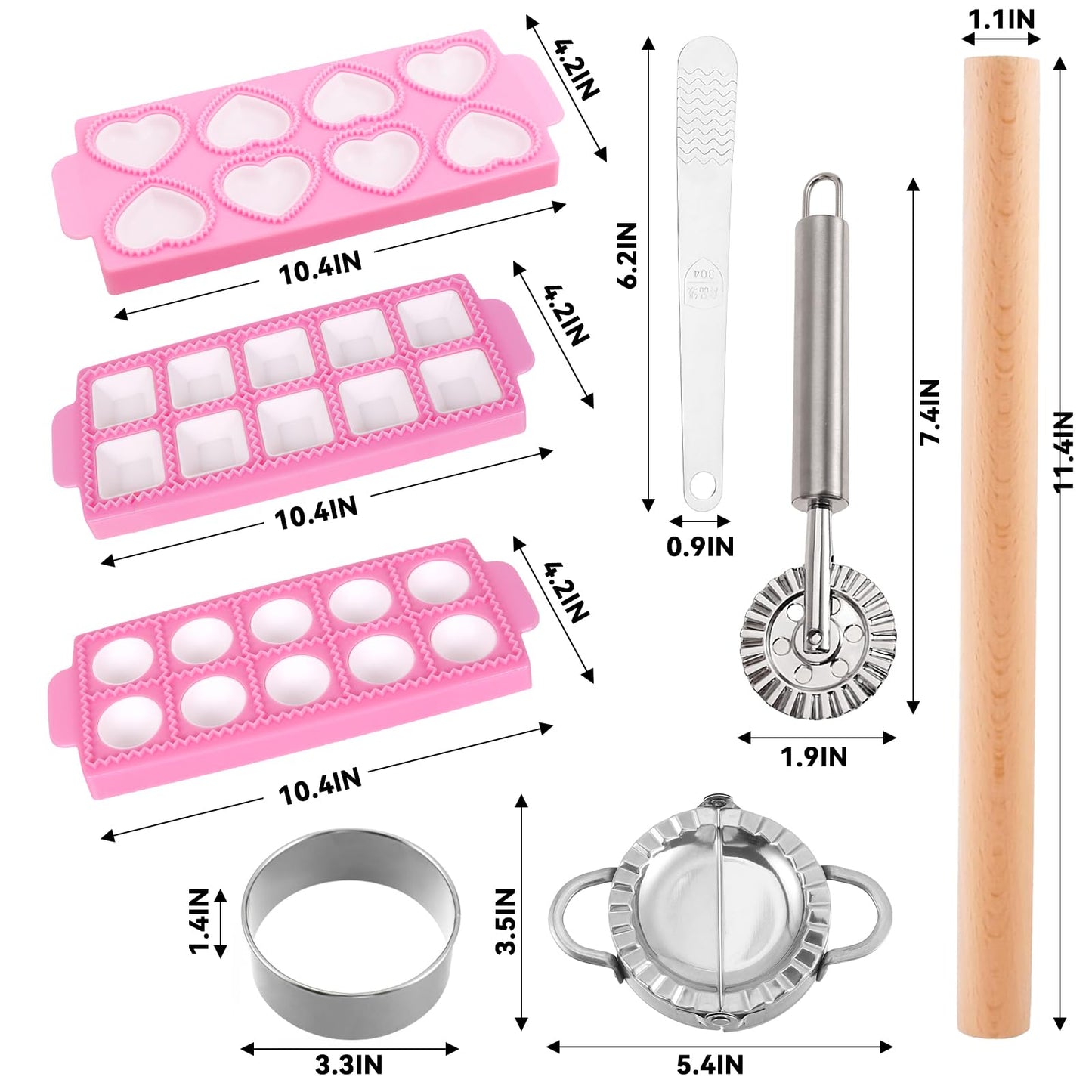 8pcs Ravioli Mold Set, 3 Rectangle Ravioli Maker Press + Dumpling/Pasta Cutter, Round Ravioli Cutter, Rolling Wheel, Dough Rolling Pin - Complete Pasta Making Tools for Ravioli Empanada
