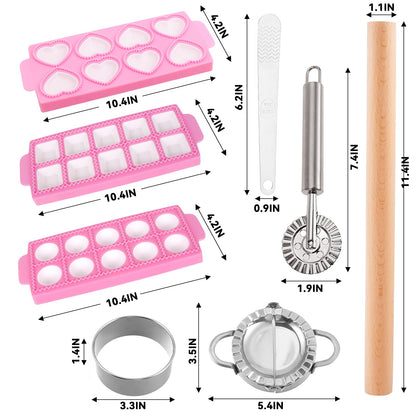 8pcs Ravioli Mold Set, 3 Rectangle Ravioli Maker Press + Dumpling/Pasta Cutter, Round Ravioli Cutter, Rolling Wheel, Dough Rolling Pin - Complete Pasta Making Tools for Ravioli Empanada