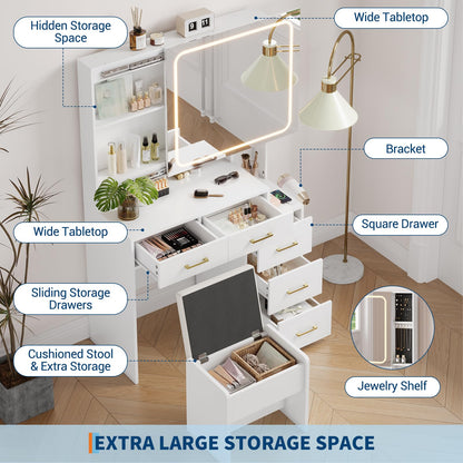 IDEALHOUSE Vanity Desk with Mirror and Lights, Makeup Vanity Set with Drawers & Chair, 3 Light Mode and Brightness Adjusted & Power Outlet, Dressing Table with Hairdryer Holder for Bedroom