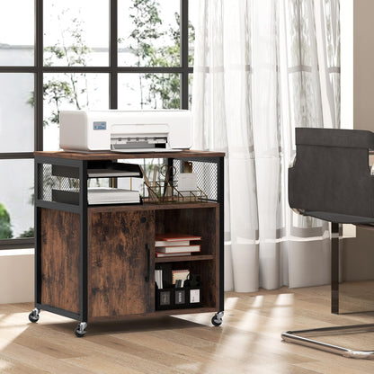 Giantex File Cabinet, Lateral Filing Cabinet with Lock, Wheels, Charging Station, Cable Hole, Lockable Side Cabinet, Adjustable Shelves, Metal Frame, Printer Stand for Home Office Small Space (Brown)