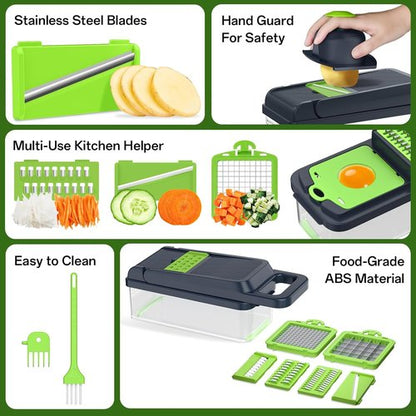 HomeHacks Vegetable Chopper - 12-in-1 Multi-Functional Kitchen Gadget with Dicer, Slicer & Grater (Green)