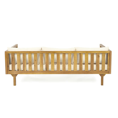 Christopher Knight Home Outdoor 3 Seater Acacia Wood Daybed with Fabric Water Resistant and Removable Cushions, Patio Garden Poolside Sofa with Wicker Armrest and Slat Paneling Back, Teak and Beige
