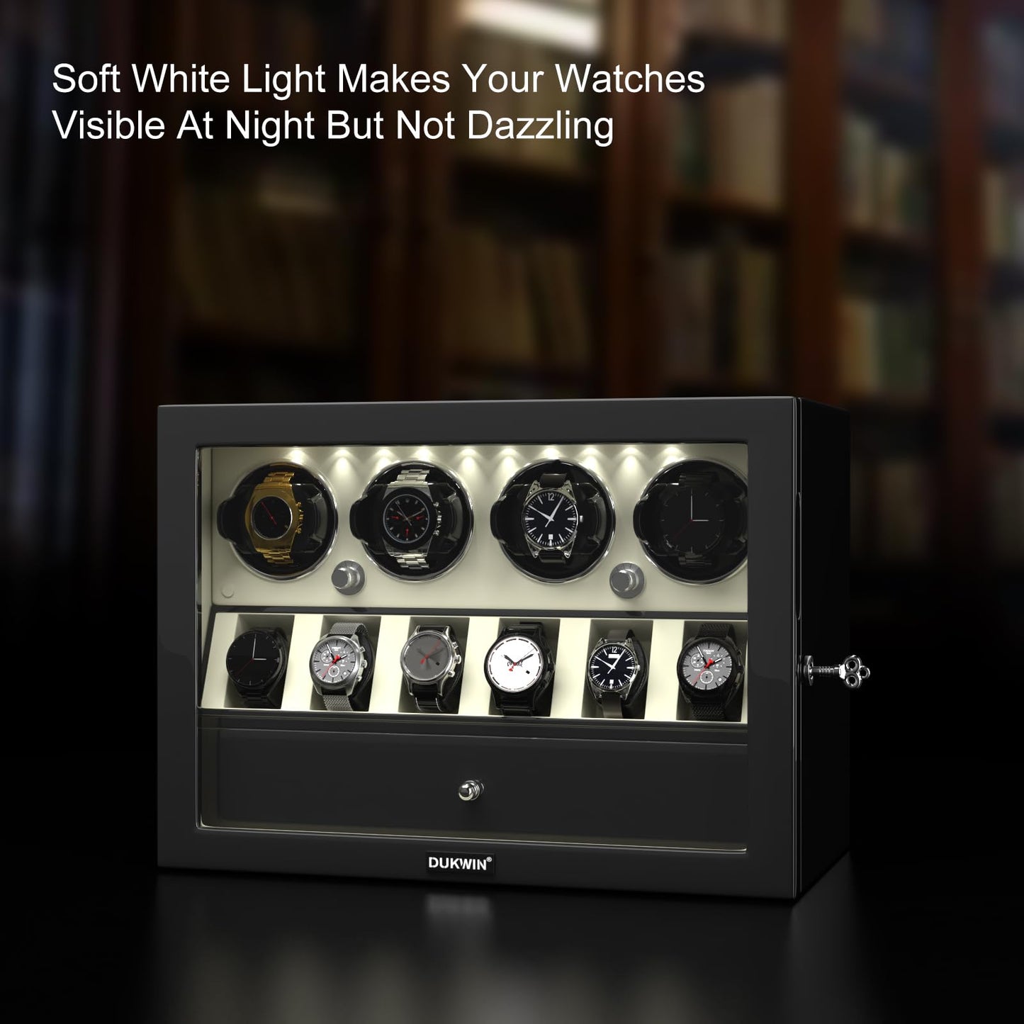 DUKWIN Watch Winder for 4 Automatic Watches, White Lockable Watch Winders with Extra Watch Storage, Jewelry Storage, 4 Rotation Modes, LED Light, Super Quiet Mabuchi Motor and Spring Watch Pillows