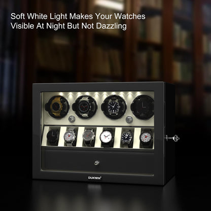 DUKWIN Watch Winder for 4 Automatic Watches, White Lockable Watch Winders with Extra Watch Storage, Jewelry Storage, 4 Rotation Modes, LED Light, Super Quiet Mabuchi Motor and Spring Watch Pillows