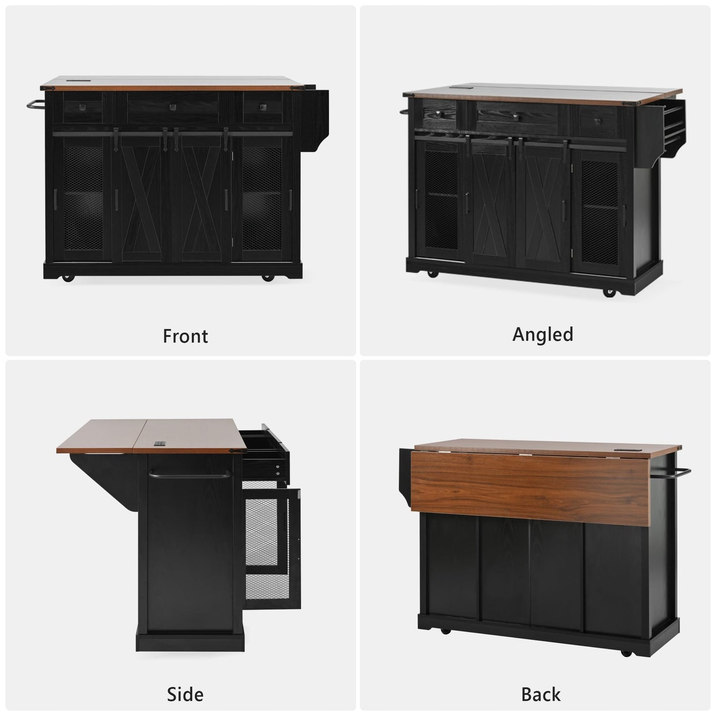 Bellemave 58" Farmhouse Kitchen Island cart with Charging Station and with Storage, Sliding Barn Door & Metal Grid Side Door, Rolling Kitchen Island Table with 5 Wheels with Spice Rack, Black