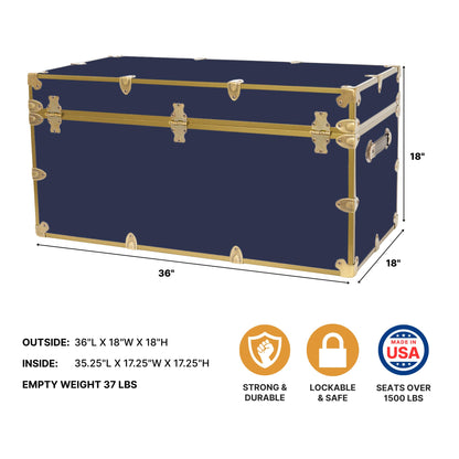 Rhino Trunk & Case Classic XXL College Trunk with Antique Brass Hardware, Soft Close - 36”x18”x18”, Seats 1500+ lbs, USA Made Secure Dorm Footlocker, Home Storage, Steamer Style Blanket Chest