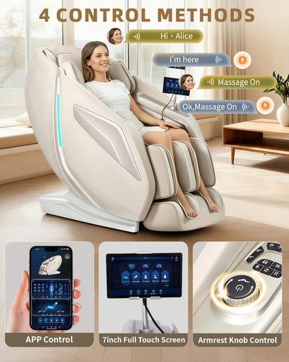 RelaxRelife Full Body Zero Gravity Massage Chair with Body Scan 4D Intelligent Shiatsu Strecth Massage, Back/Leg Heated with AI Voice Control Bluetooth Speaker Airbags SL Track Massage Beige