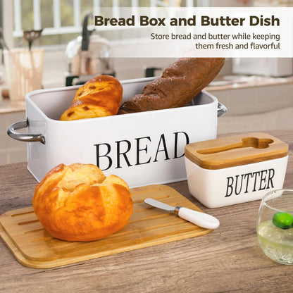 Bread Box and Butter Dish, Metal Bread Storage Container with Cutting Board Wood Lid, Ceramic Butter Dish with Sealing Wood Lid & Cutter