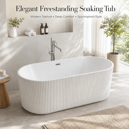 59" Acrylic Freestanding Soaking Bathtub, Deep Ergonomic Design with Lumbar Support, Integrated Overflow Drain, Non-Slip Base,cUPC Certified Modern Bathroom Tub, Easy Installation for Bathroom