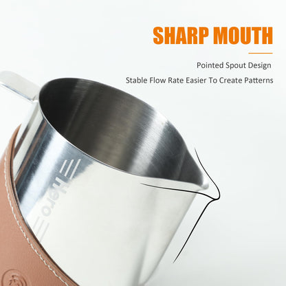 CUFEJORO Milk Frothing Pitcher 450ml/16oz 304 Stainless Steel Espresso Steaming Pitcher with PU Leather, Milk Frothing Jug,milk frother cup,Milk Jug Cup,Premium Barista Tools,Latte Art (Bright,16oz)